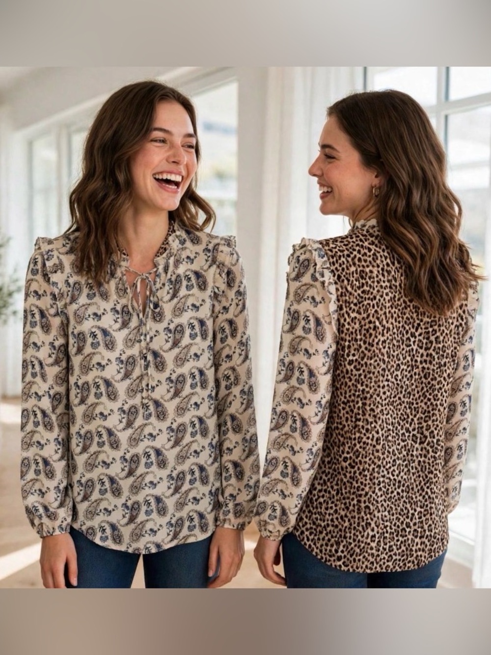 Mystree Cream Paisley Tie-Neck Blouse